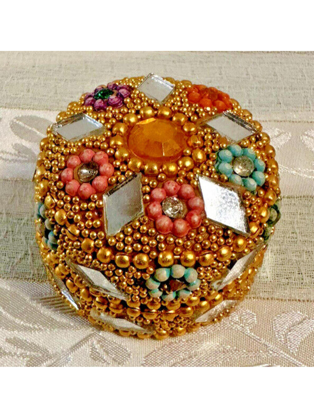 Decorative Metal Golden Kumkum Box Trinket Box Mirror & Stone Work Pill Jar 2 Go